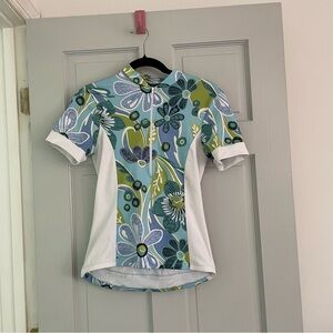 Euc blue and green floral Sheila Moon cycling jersey size small